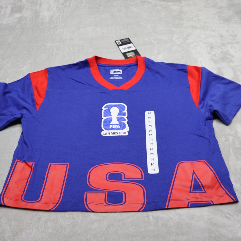FIFA Shirt Womens Medium Blue V-Neck World Cup 2026 USA Cropped Tee $25 NEW